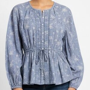 American Eagle Blue Floral Clip Dot Peplum Blouse M Boho Tie Waist 100% Cotton